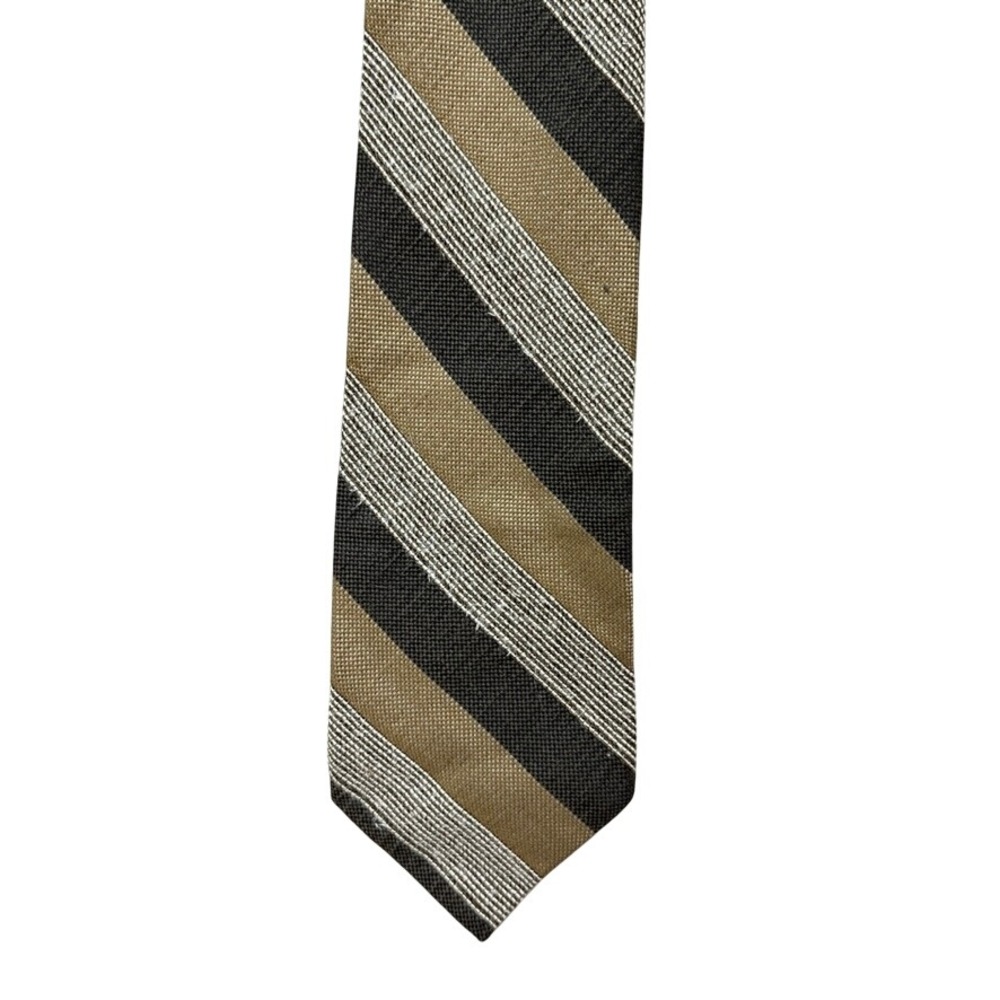 Structure Le Collezioni Mens Silk Tie Gold Grey White Striped Made in USA 57in